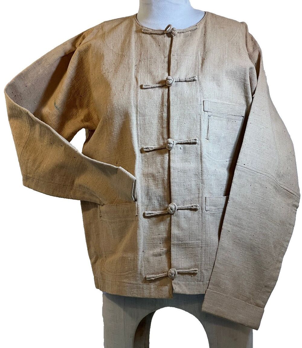 Chinese Burmese Linen Long Sleeve Shirt Frog Buttons Boxy Oversized L see desc